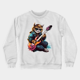 Rockstar Cat Playing Electric Guitar Crewneck Sweatshirt